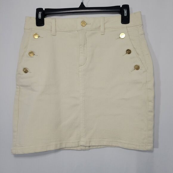 NWOT MK Michael Kors Jean Skirt Nautical Gold Buttons Ecru / Beige Denim 4 - Picture 1 of 6